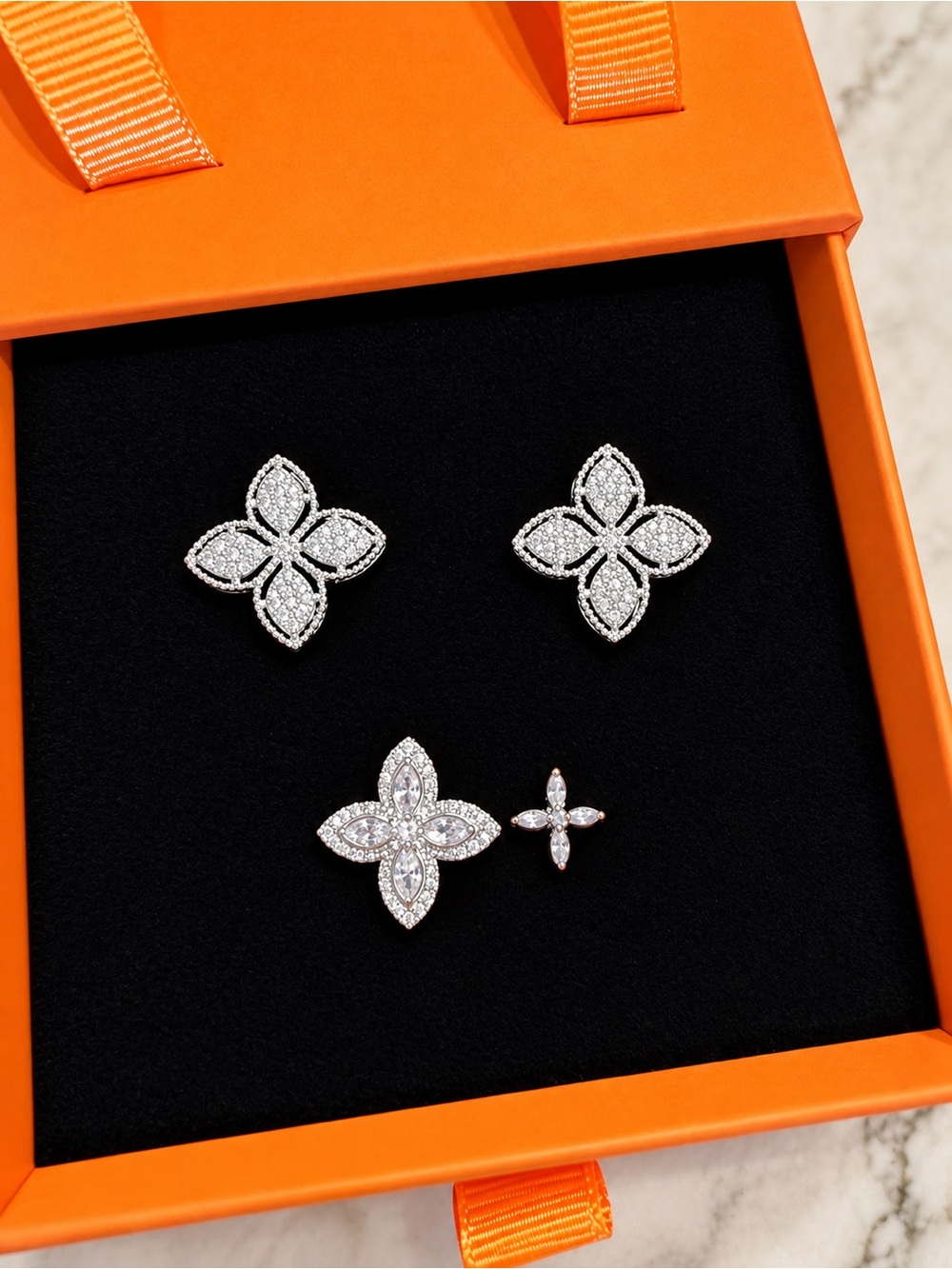Diamond Floral Motif Stud Earrings and Ring Set - Silver